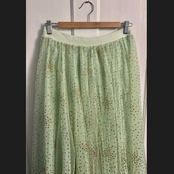 ANTHROPOLOGIE Sydney Shimmer Tulle Midi Skirt Mist green Gold glitter skirt - Picture 6 of 10